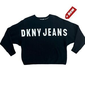 DKNY JEANS black white logo crew neck long web sleeve sweater Sz L NWT